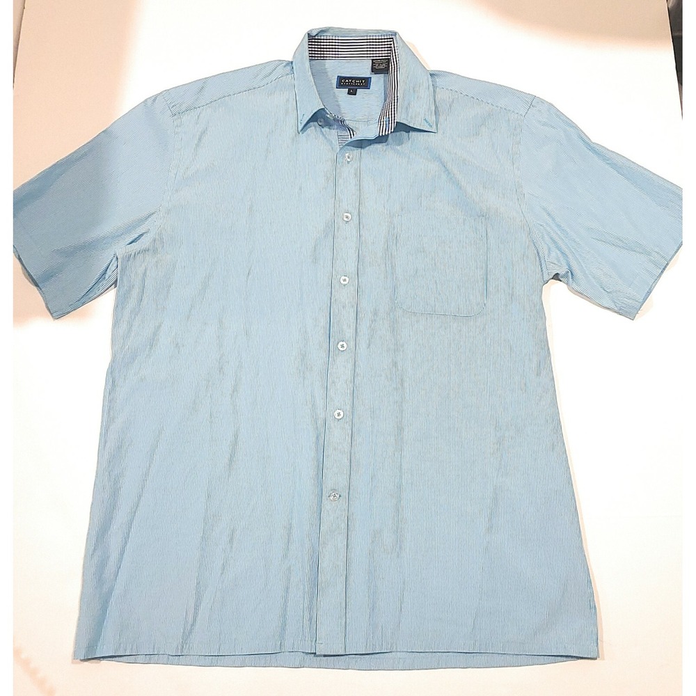 Catchit Button Down Short Sleeve Shirt Mens Large Light Blue White Stripes